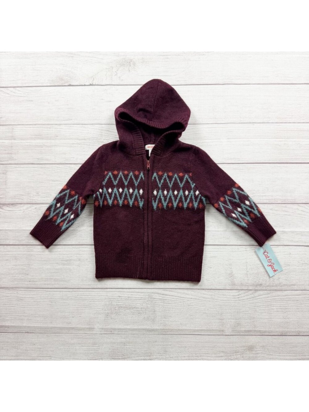 Cat & Jack Burgundy Hooded Zip Sweater Kids Diamond Pattern Acrylic Blend NWT 2T
